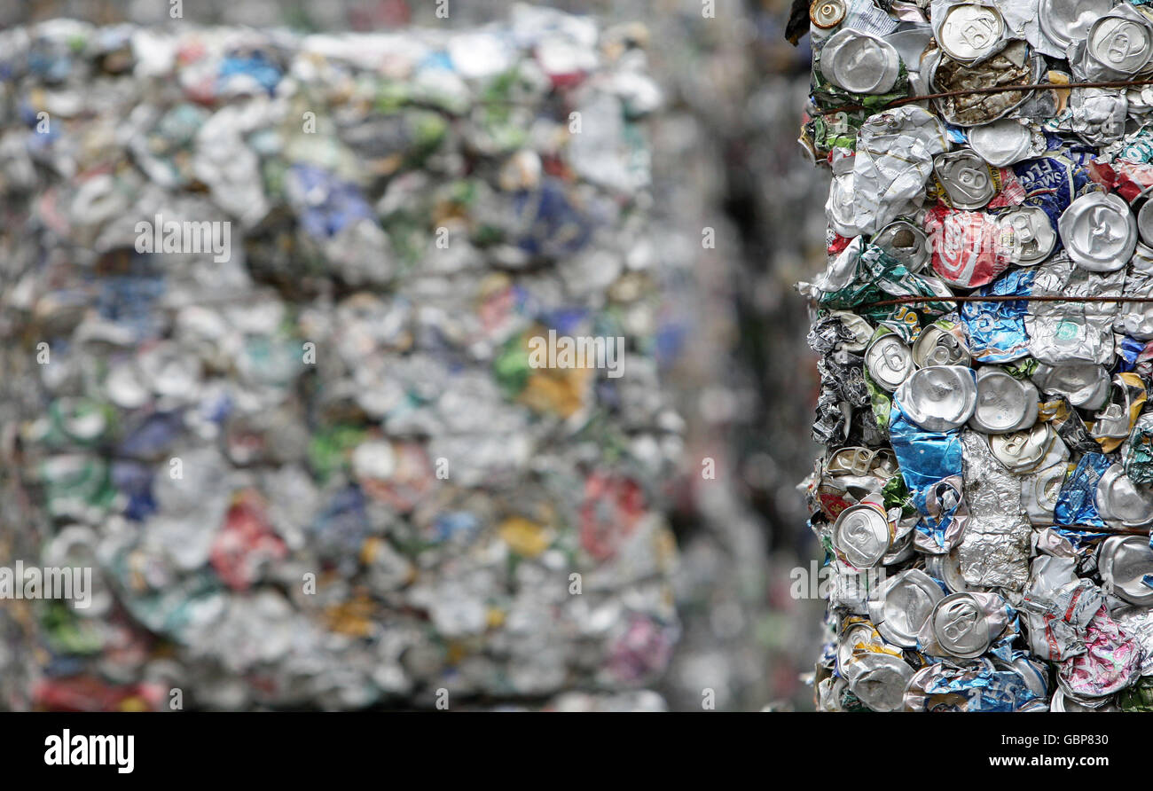 Recycling cans stock. Masses of crushed cans for recycling in the Miles Platting area of
