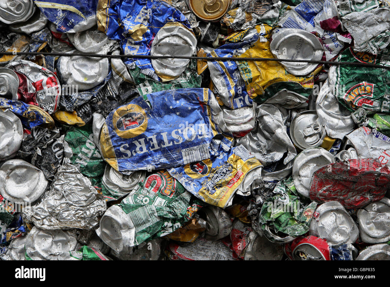 Masses of crushed cans for recycling in the Miles Platting area of