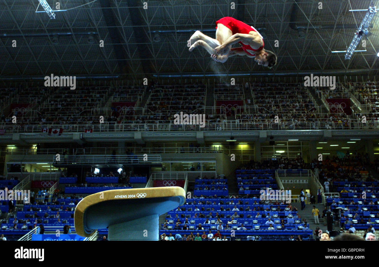 Romania's Marian Dragulescu performs in the Vault section of the Apparatus Finals Stock Photo