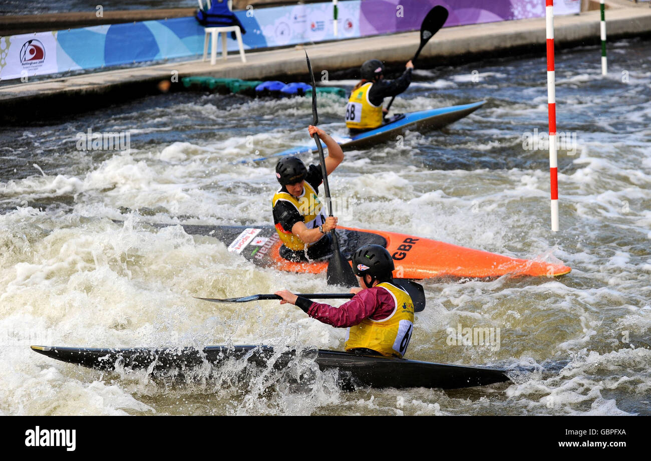 Great Britain's Elziabeth Neave, Louise Donington and Laura Blakeman during the Women's K1 team event during the European Slalom Championships at Holme Pierrepont, Nottingham. Stock Photo