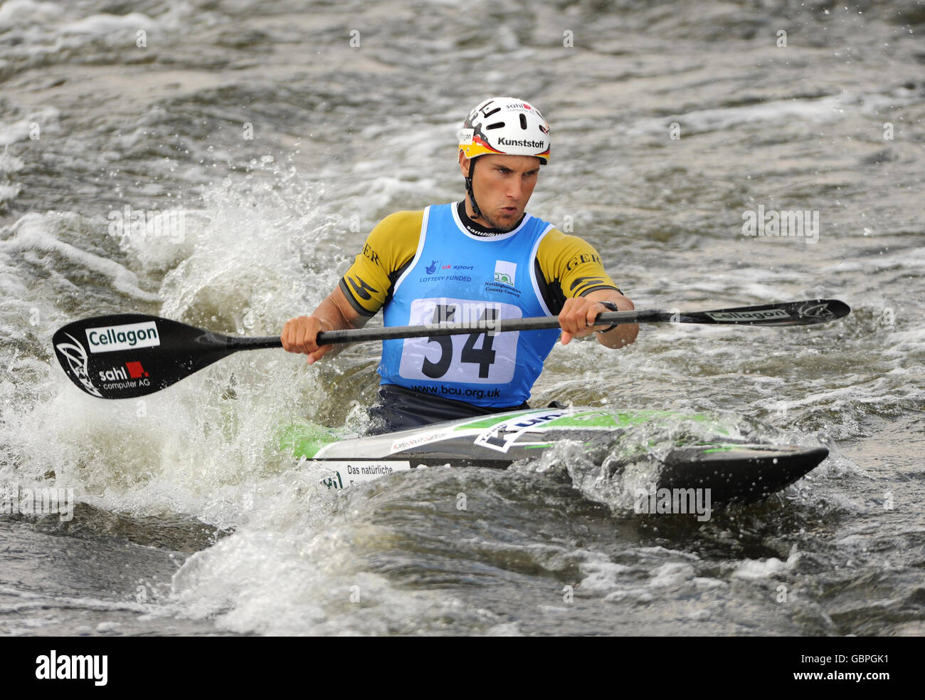 Germany's Alexander Grimm in action during the Men's K1 Qualifications during the European Slalom Championships at Holme Pierrepont, Nottingham. Stock Photo