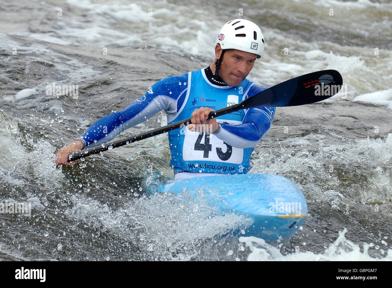 Great Britain's Richard Hounslow during Run 1 of the First Round of the Men's K1 during the European Slalom Championships at Holme Pierrepont, Nottingham. Stock Photo