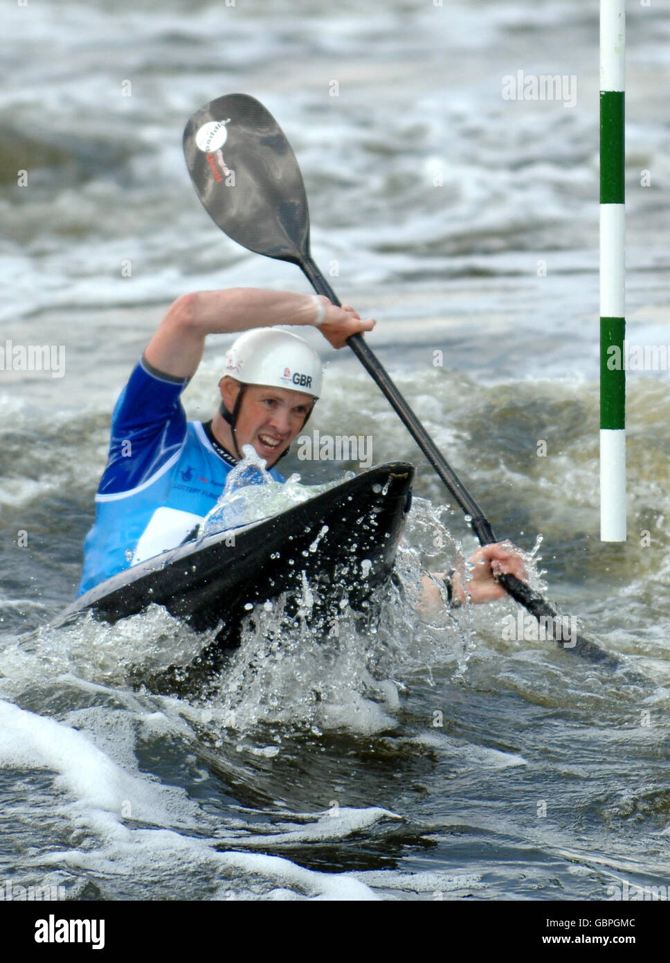 Great Britain's Campbell Walsh during Run 1 of the First Round of the Men's K1 during the European Slalom Championships at Holme Pierrepont, Nottingham. Stock Photo