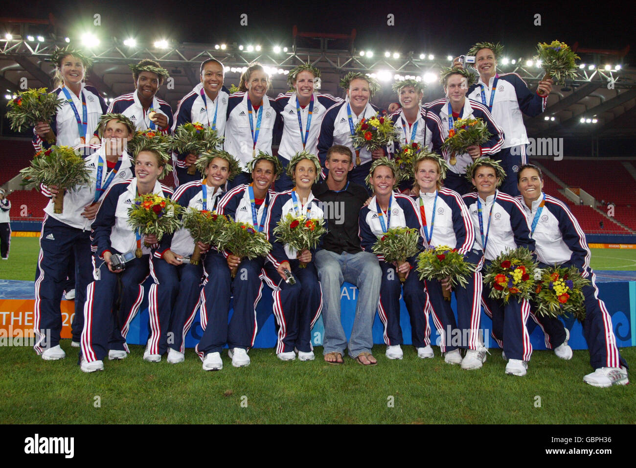 Soccer - Athens Olympic Games 2004 - Women's Final - USA v Brazil. The USA team celebrate winning with their gold medals Stock Photo