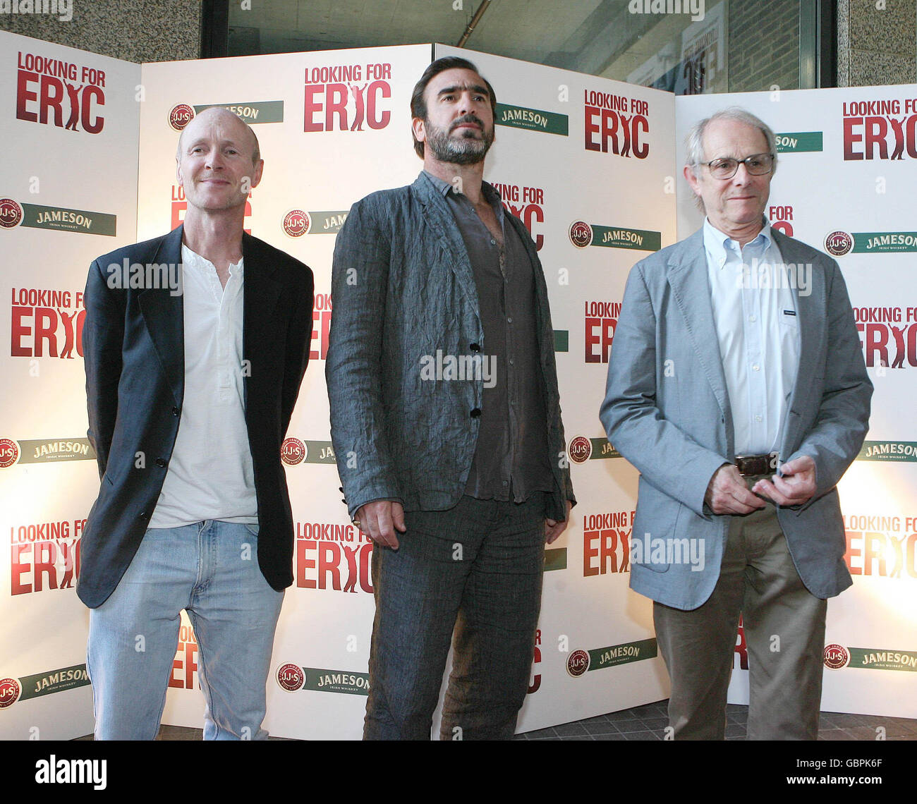 (Left - right) Writer Paul Laverty, former soccer player Eric Cantona and Director Ken Loach arrive for the Irish film premiere of 'Looking For Eric' at the lighthouse cinema in Dublin. Stock Photo