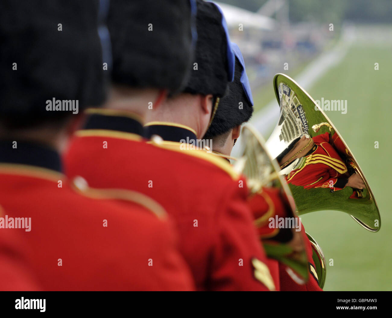 The marching band prepares to play during The Investec Ladies Day at Epsom Racecourse, London. Stock Photo