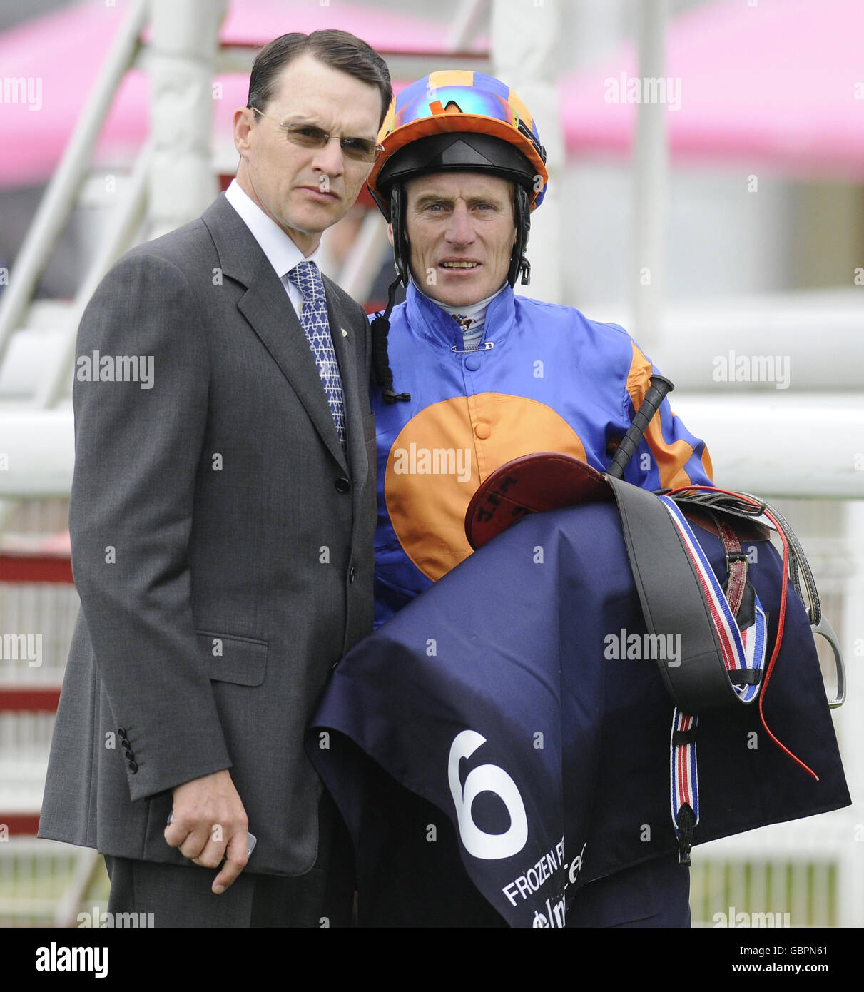 Horse Racing - Epsom Oaks - Ladies Day - Epsom Downs Racecourse. Trainer Aidan O'Brien and jockey Johnny Murtagh during The Investec Ladies Day at Epsom Racecourse, London. Stock Photo
