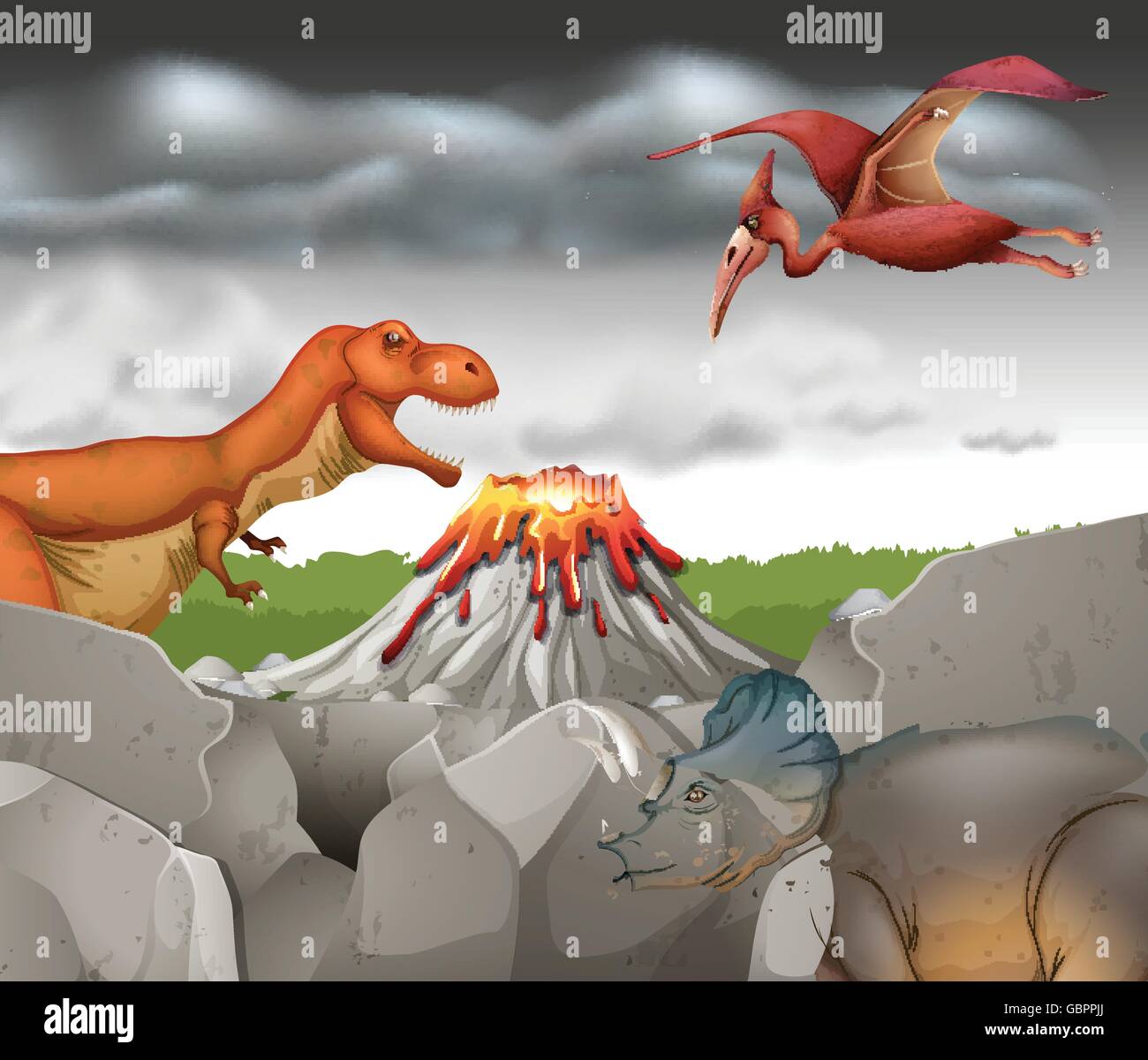 Dinosaurs living on the mountain illustration Stock Vector
