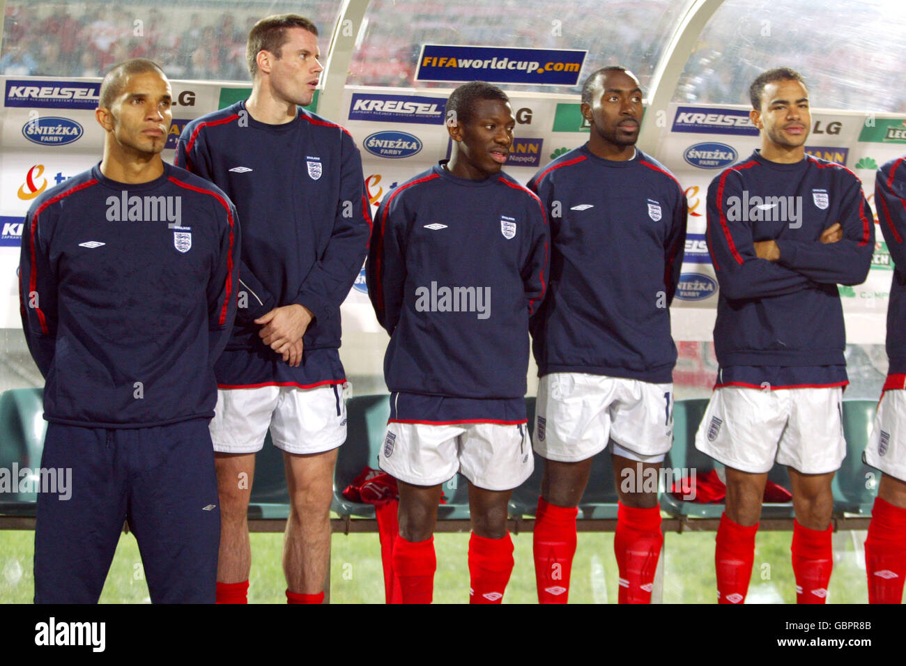 England's David James, Jamie Carragher, Shaun Wright-Phillips, Darius Vassell and Kieron Dyer during the national anthem Stock Photo