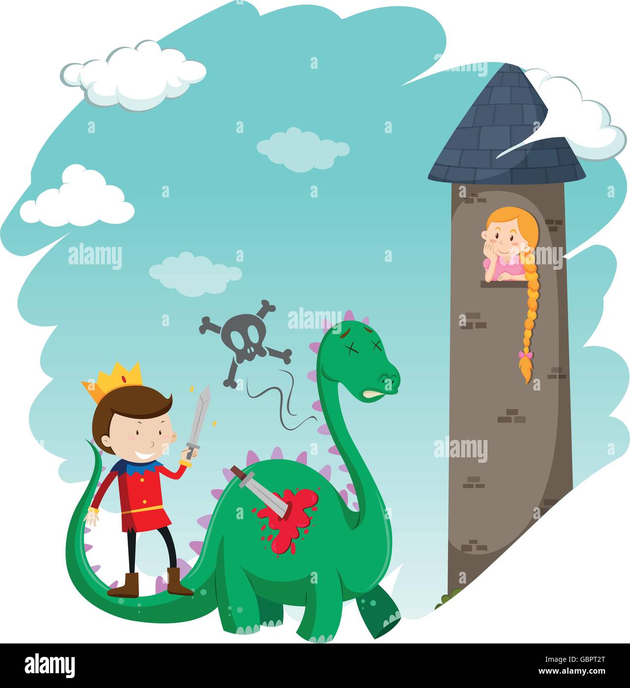 Scene from fairytales with prince and drogon illustration Stock Vector