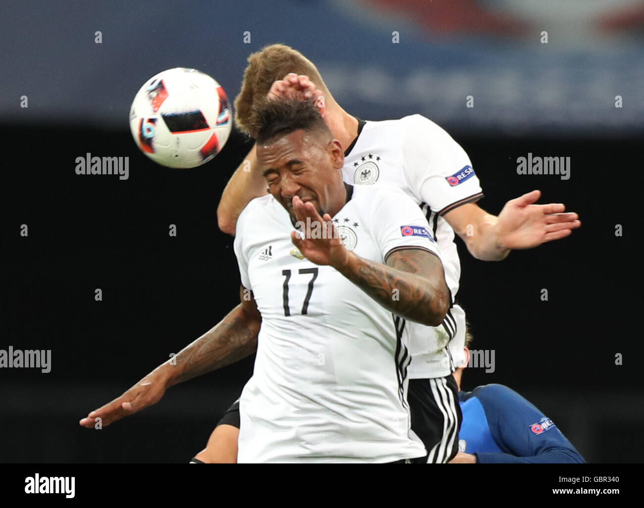Marseille, France. 7th July, 2016. Jerome Boateng (Front) of Germany competes during the Euro 2016 semifinal match between France and Germany in Marseille, France, July 7, 2016. Credit:  Bai Xuefei/Xinhua/Alamy Live News Stock Photo
