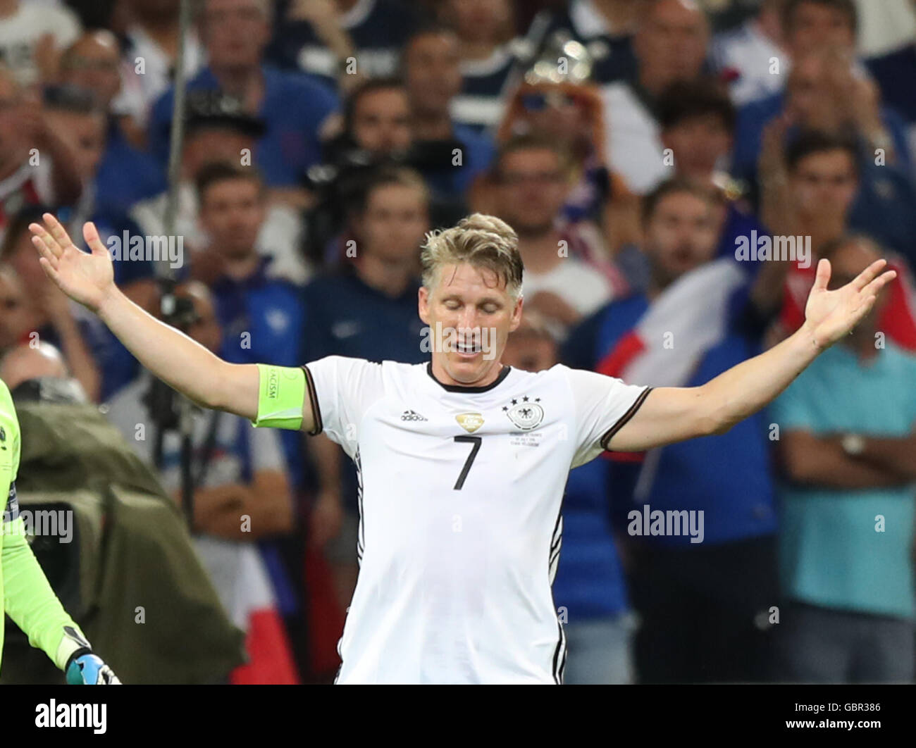 Marseille, France. 7th July, 2016. Bastian Schweinsteiger of Germany reacts during the Euro 2016 semifinal match between France and Germany in Marseille, France, July 7, 2016. Credit:  Bai Xuefei/Xinhua/Alamy Live News Stock Photo