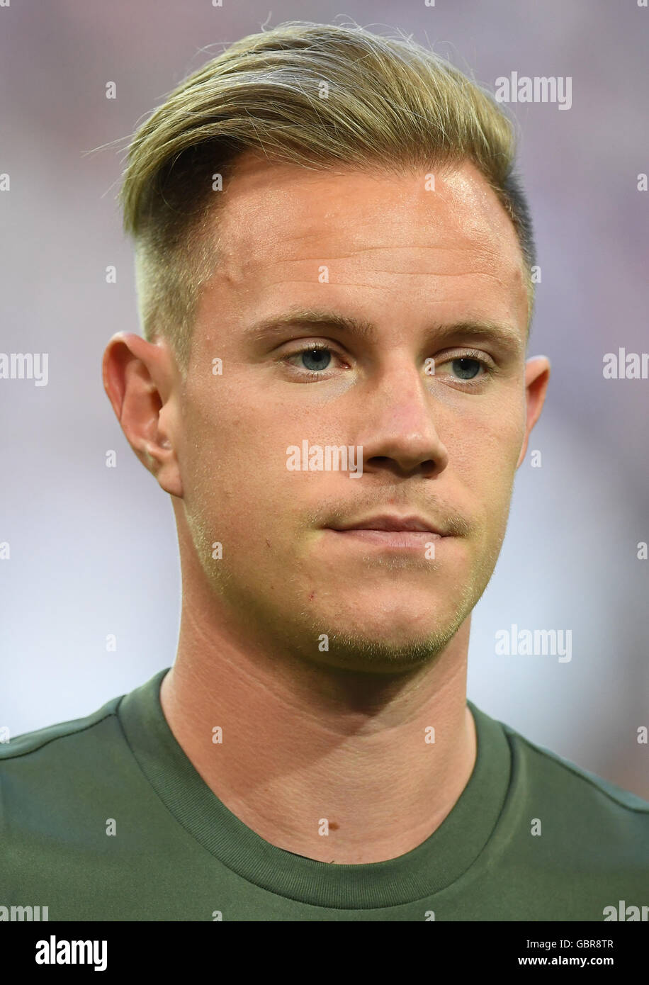 Germany's goalkeeper Marc-Andre ter Stegen before the UEFA EURO 2016 semi final soccer match between Germany and France at the Stade Velodrome in Marseille, France, 07 July 2016. Photo: Peter Kneffel/dpa (RESTRICTIONS APPLY: For editorial news reporting purposes only. Not used for commercial or marketing purposes without prior written approval of UEFA. Images must appear as still images and must not emulate match action video footage. Photographs published in online publications (whether via the Internet or otherwise) shall have an interval of at least 20 seconds between the posting.) Stock Photo
