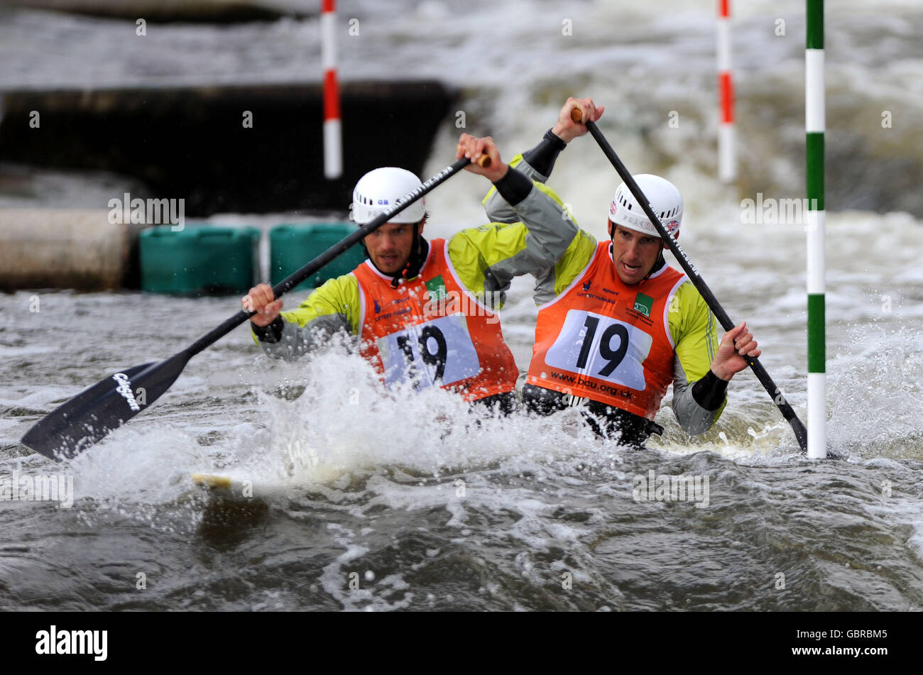 Great Britain's Timothy Baillie and Etienne Stott during the first round of the Men's C2 during the European Slalom Championships at Holme Pierrepont, Nottingham. Stock Photo