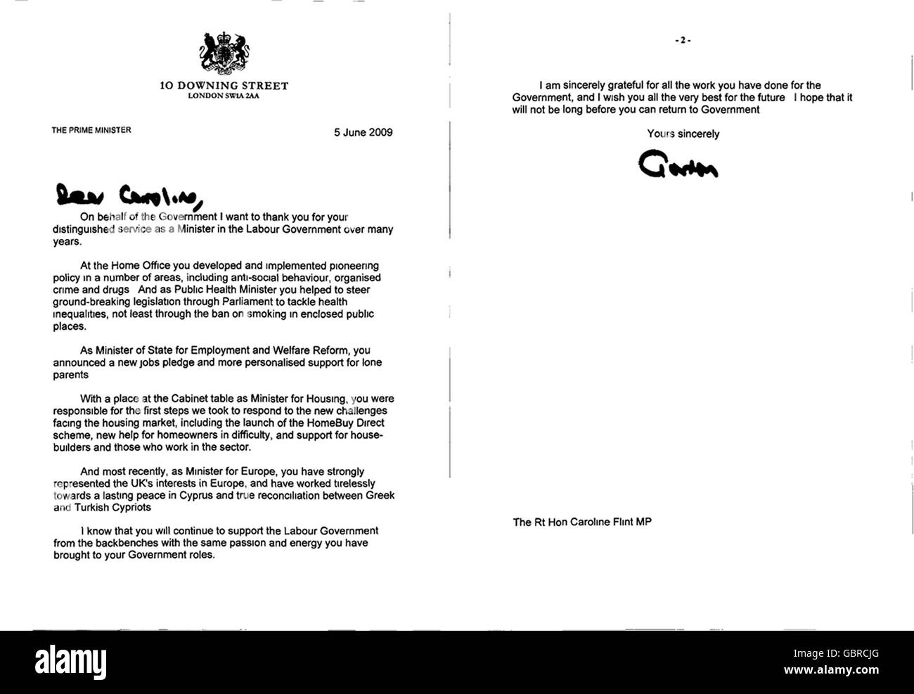 A copy of the letter sent from Prime Minister Gordon Brown to Caroline Flint, after she delivered a devastating attack on him, accusing him of using women ministers as 'female window dressing'. Stock Photo