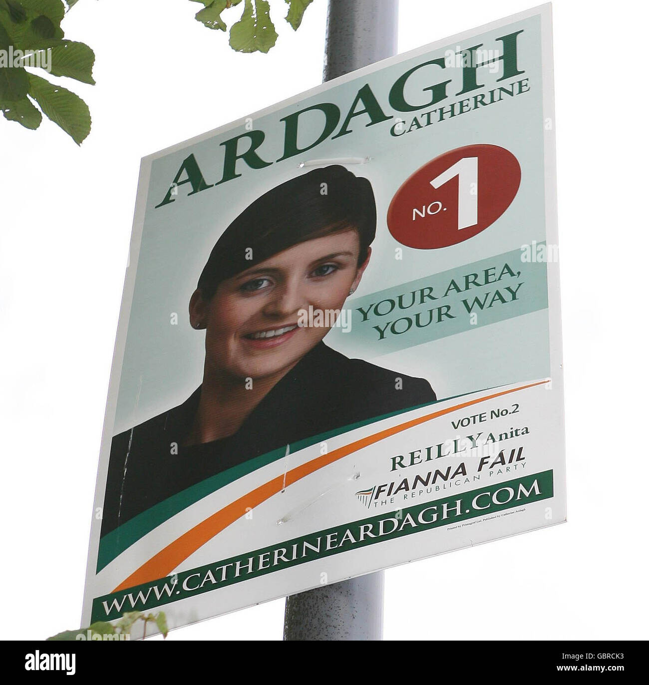 The election poster of Fianna Fail candidate Catherine Ardagh, which has breached election rules by being too close to a Dublin polling station. Stock Photo