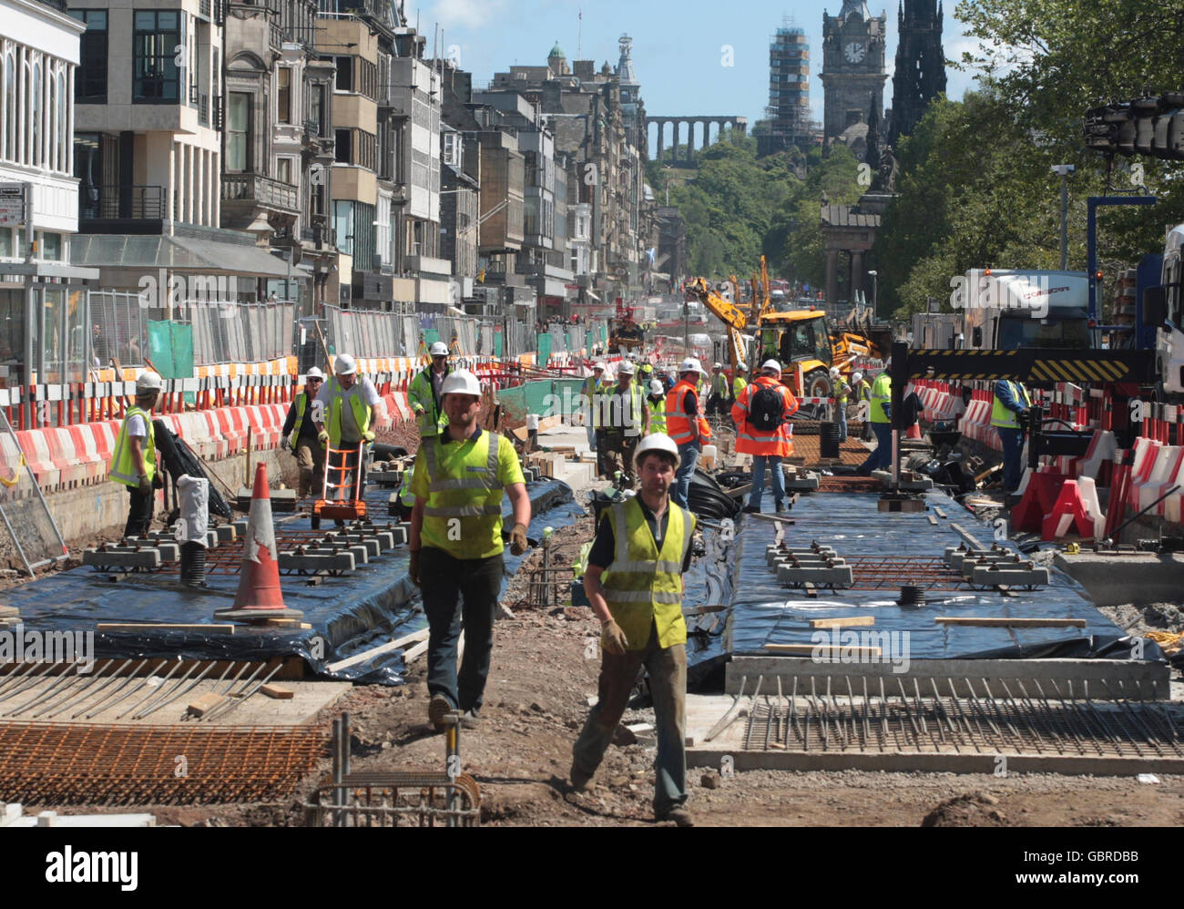 The first sections of tram track arrive on Princes Street, Edinburgh. Stock Photo