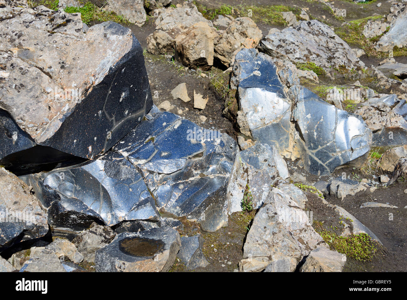 Lava glass, Obsidian, Laugahraun, Fjallabak national park, Landmannalaugar, Iceland Stock Photo