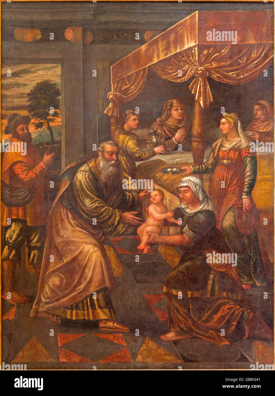 BRESCIA, ITALY - MAY 22, 2016: The painting of Birth of Virgin Mary in church Chiesa di San Pietro in Olvieto by Pompeo Ghitti Stock Photo