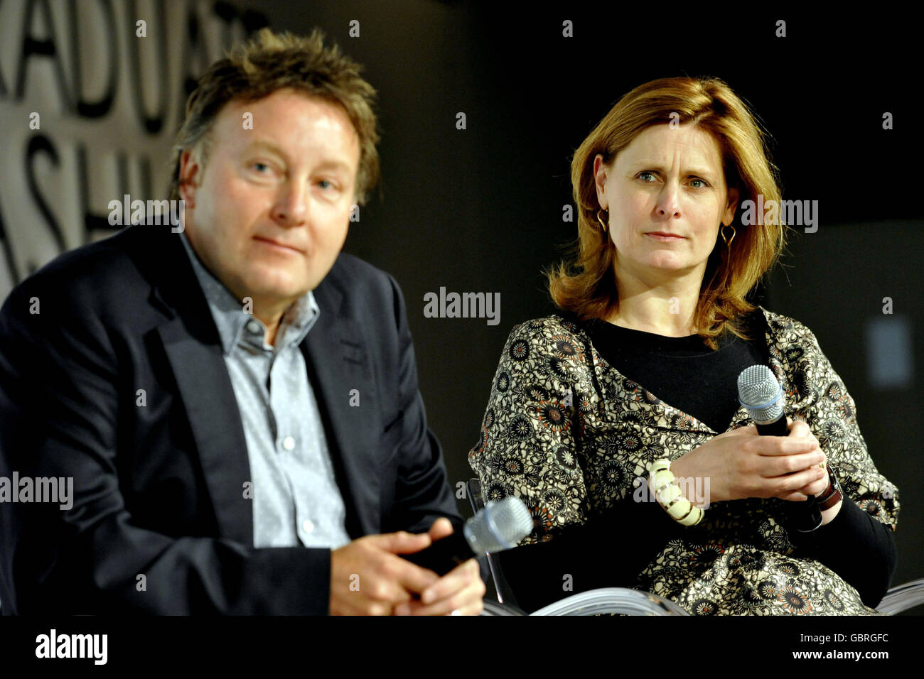 (left to right) Richard Bradbury CBE - CEO of River Island, and the Prime Minister's wife Sarah Brown on the panel of a careers clinic held at London's Earls Court for Graduate Fashion Week. Stock Photo