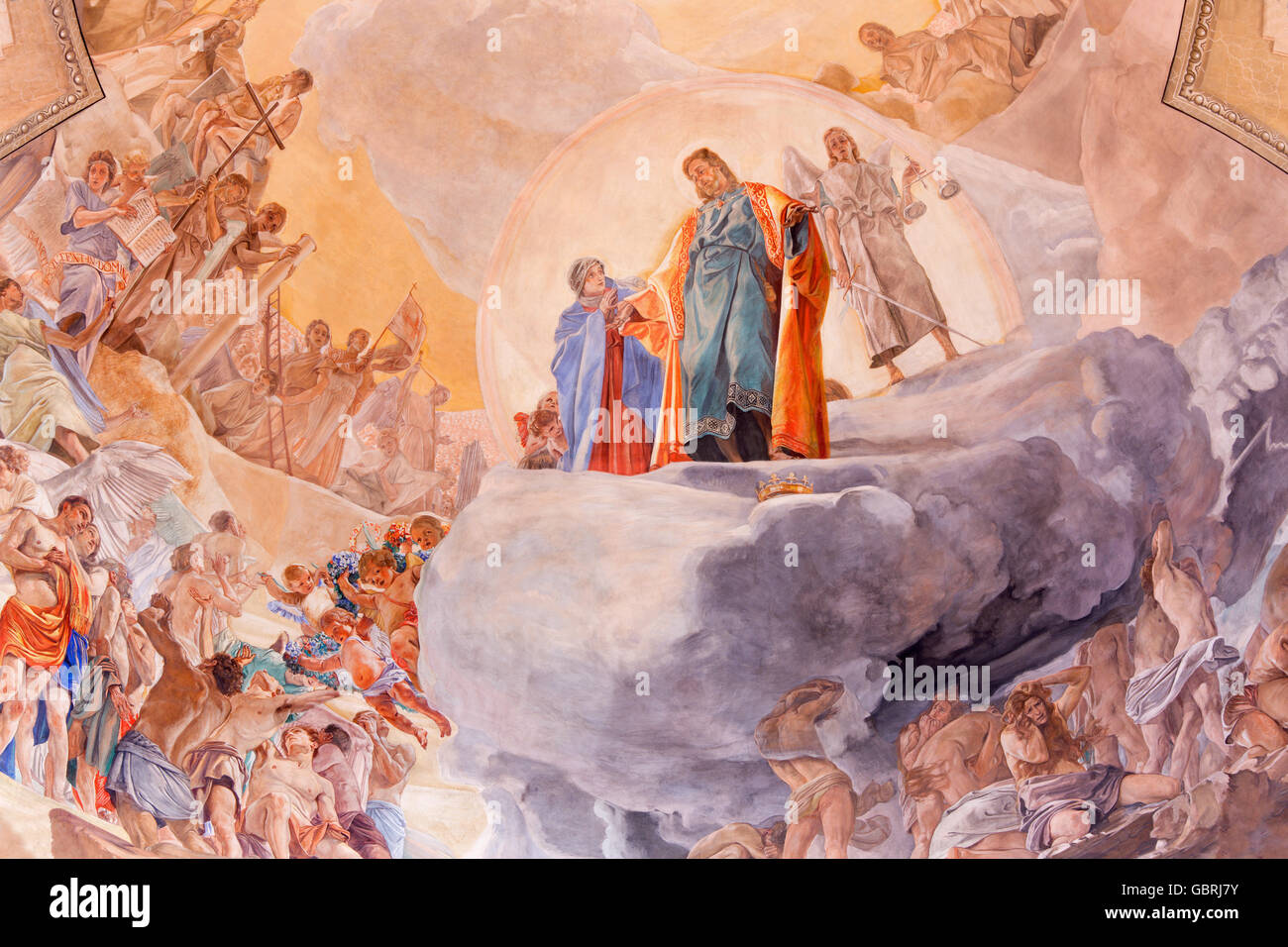 BRESCIA, ITALY, 2016: The detail of fresco of Last Judgment on cupola in church Chiesa di Christo Re by Vittorio Trainini Stock Photo
