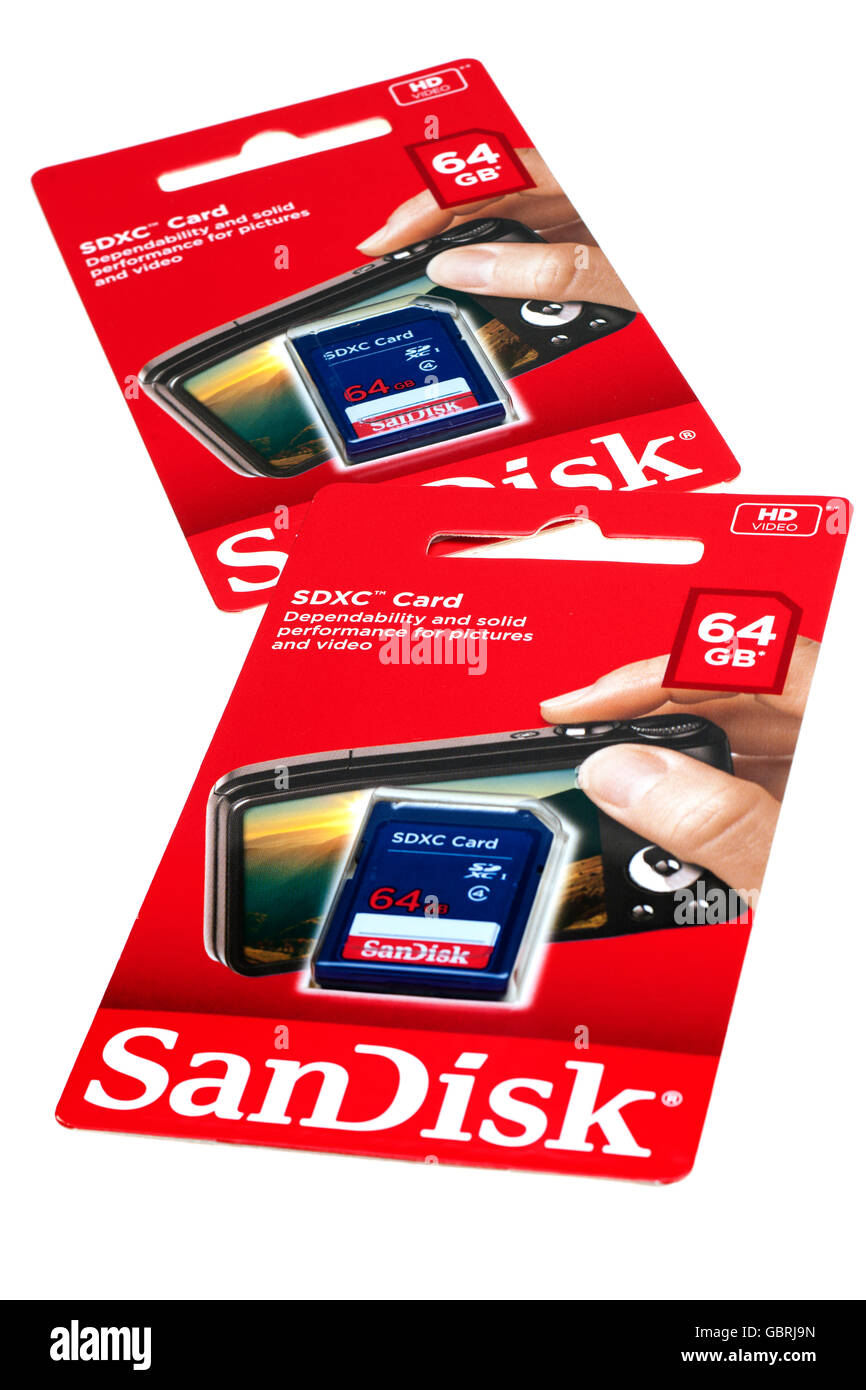 Two Sandisk 64 gigabyte SDXC cards Stock Photo