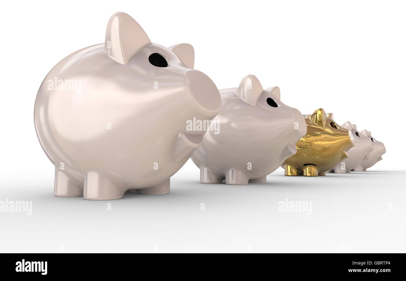 3D render image representing a row of piggy banks with a golden one in middle. Stock Photo