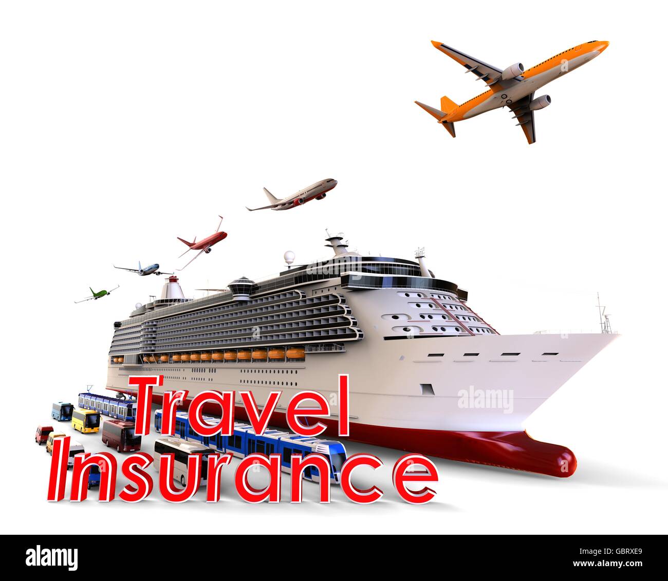 3D render image of different type of travel vehicles with travel insurance text representing travel safety concept. Stock Photo