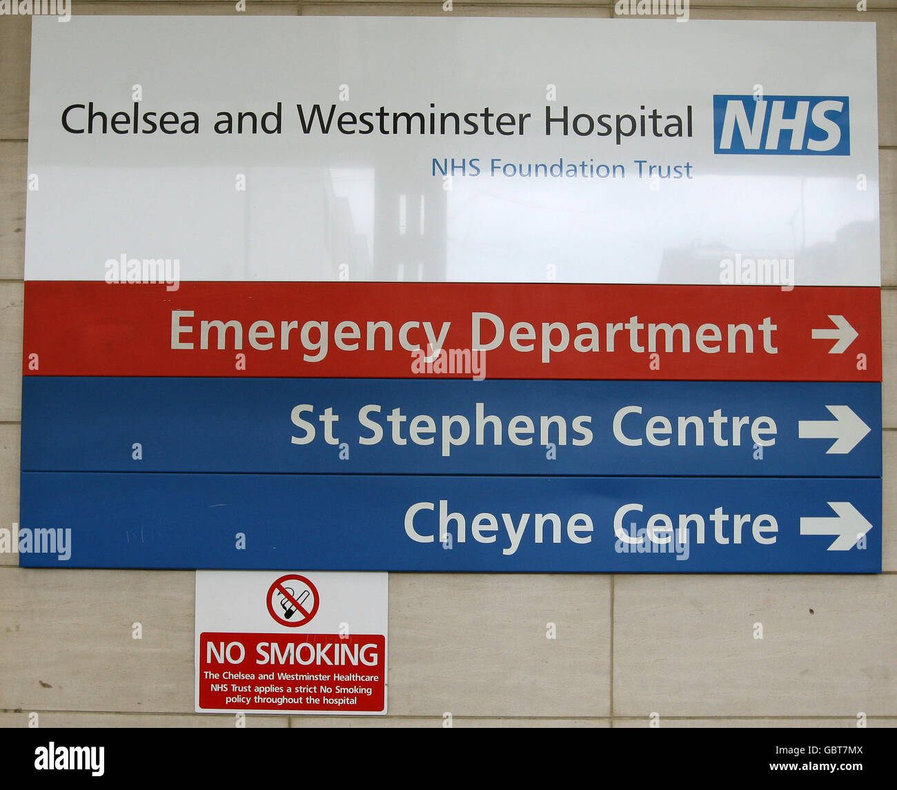 General view of a sign at the Chelsea and Westminster Hospital, in Chelsea, west London, where former Prime Minister Margaret Thatcher has been admitted after breaking her arm. Stock Photo