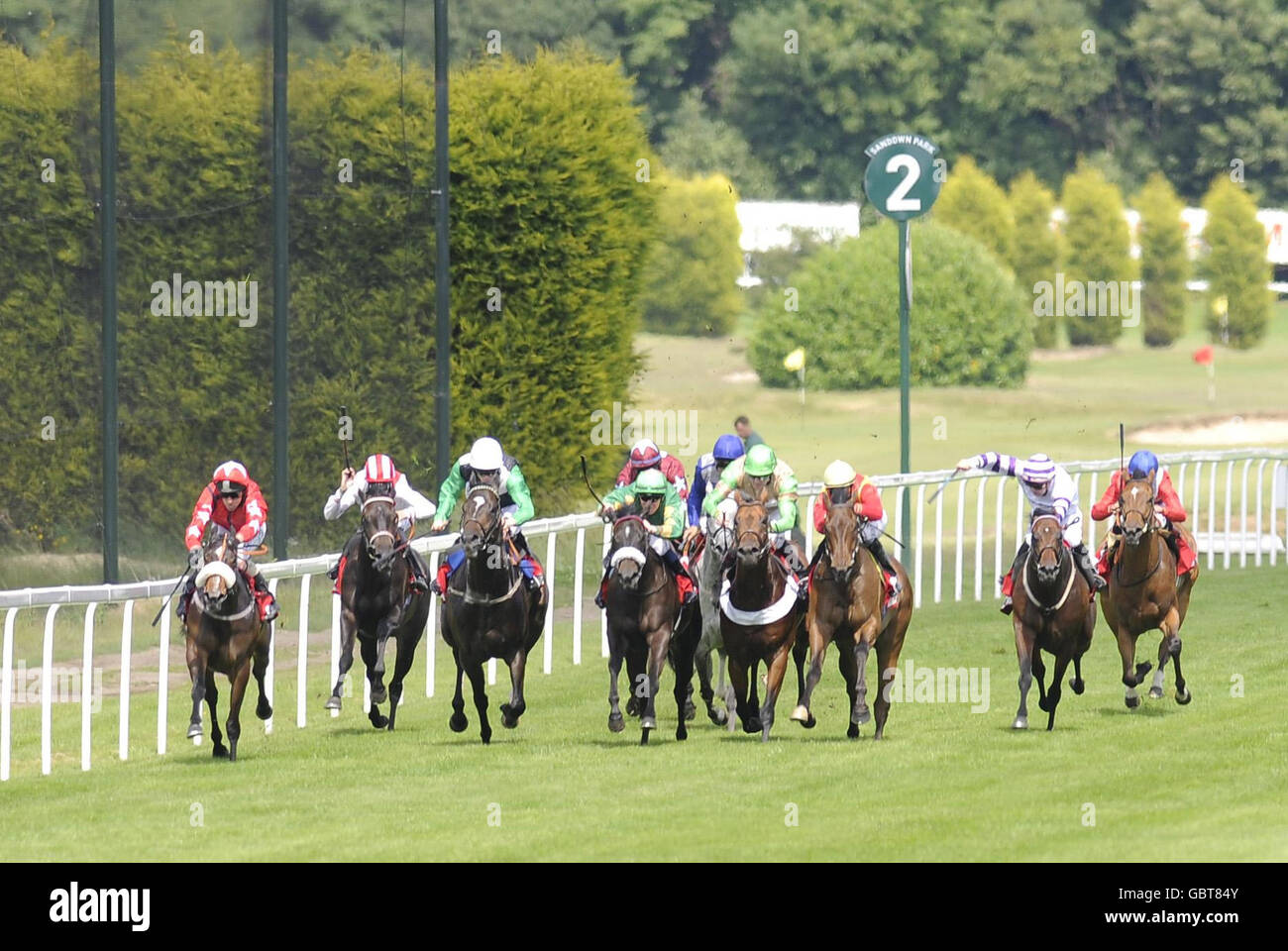 Triple Aspect ridden by Liam Jones (second right) goes on to win The Agfa Healthcare Scurry Stakes during the Totepool Irish Day at Sandown Racecourse, Esher, Surrey. Stock Photo