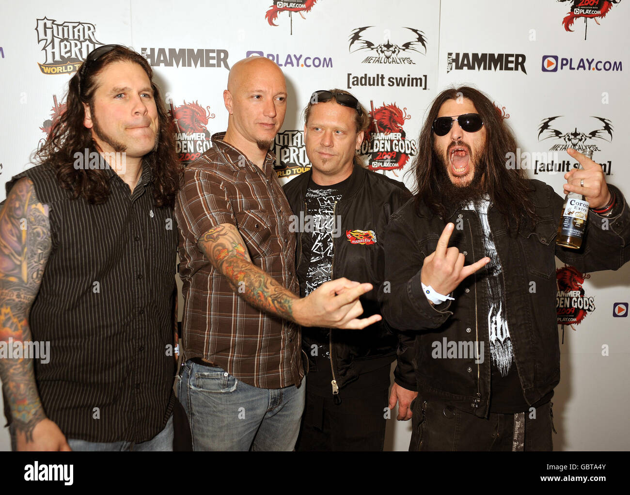 Adam Duce, Dave McClain, Phil Demmel and Robb Flynn of Machine Head arrive at the Indigo concert venue, for the Metal Hammer Golden Gods awards at the O2 Arena in Greenwich south East London. Stock Photo