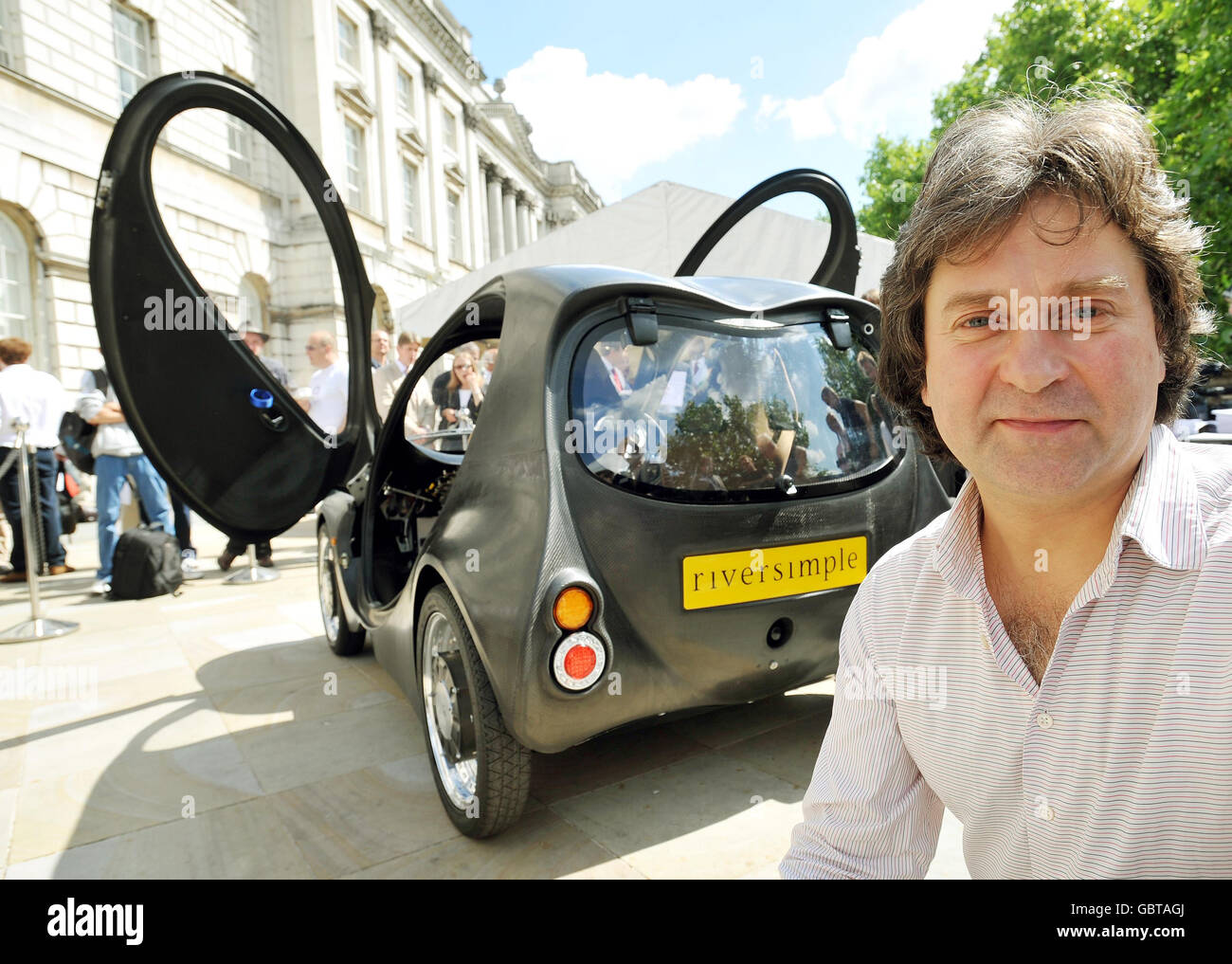 Hugo Spowers, the founder and brains behind the Riversimple hydrogen-powered car during its debut in central London. Stock Photo