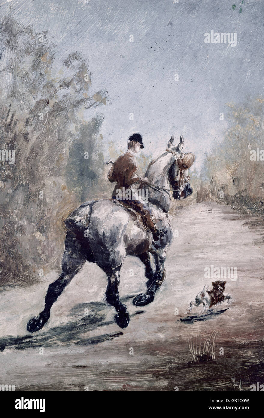 fine arts, Toulouse-Lautrec, Henri de (1864 - 1901), painting 'Horse And Rider With A Little Dog', 1879, Museum Albi, Stock Photo