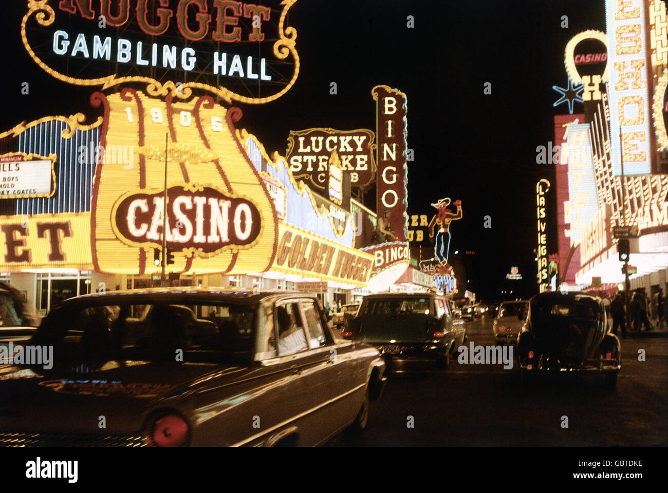 geography / travel, USA, Las Vegas, Nevada, street scene, luminous advertising, night shot, 1961, Additional-Rights-Clearences-Not Available Stock Photo