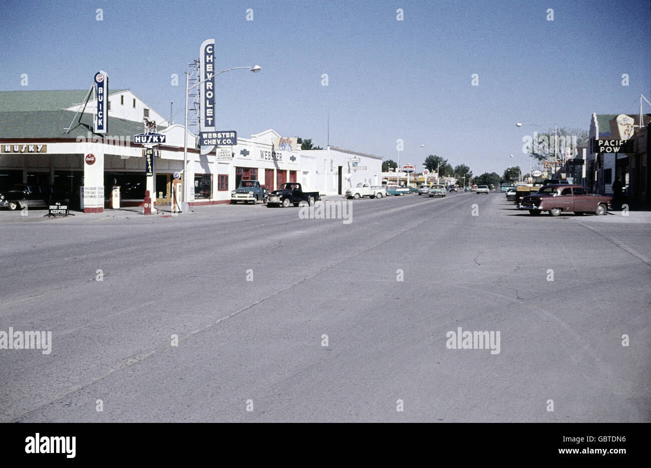 geography / travel, USA, Cody, Wyoming, industrial estate, car dealer Webster Chevrolet - Buick Company with petrol station, 1961, Additional-Rights-Clearences-Not Available Stock Photo