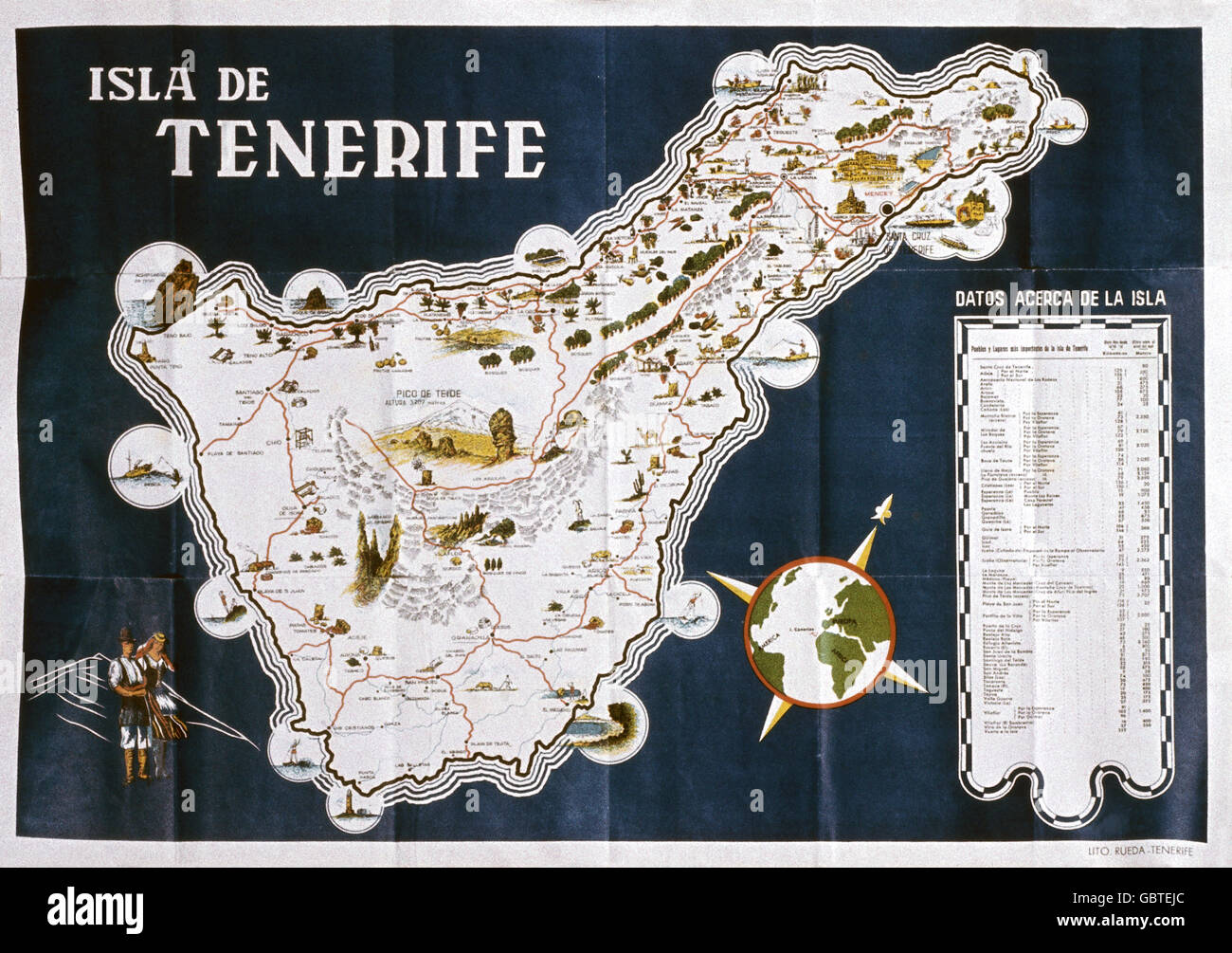 geography / travel, Spain, Canary Islands, Tenerife, topographic map, 1958, Additional-Rights-Clearences-Not Available Stock Photo