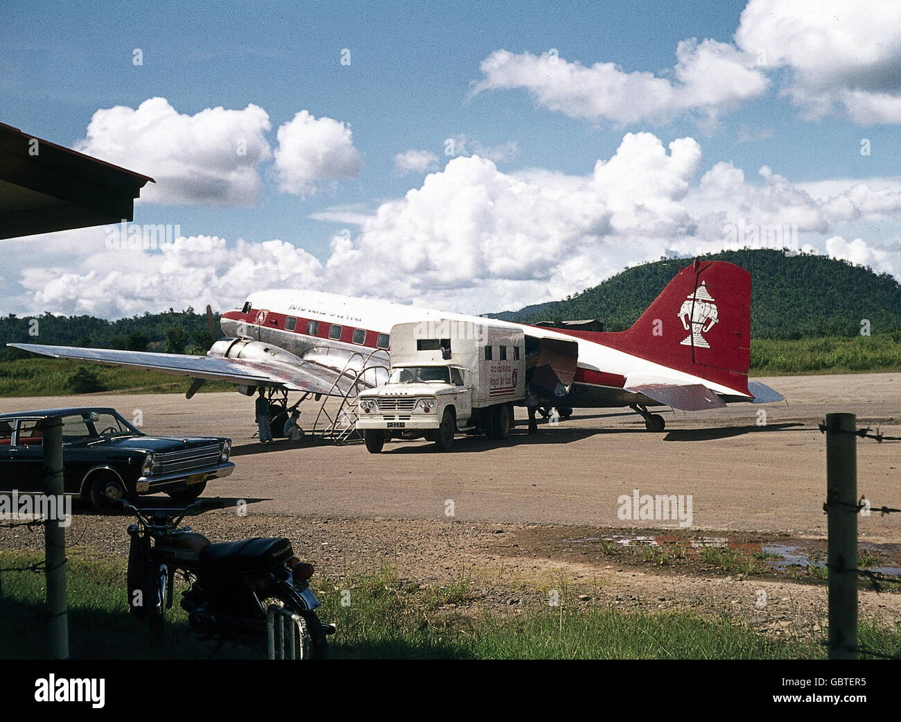 transport / transportation, aviation, commercial aircraft, passenger plane, Douglas DC-3 'Dakota', airline Royal Air Lao, Luang Prabang, Bhutan, 1975, Additional-Rights-Clearences-Not Available Stock Photo