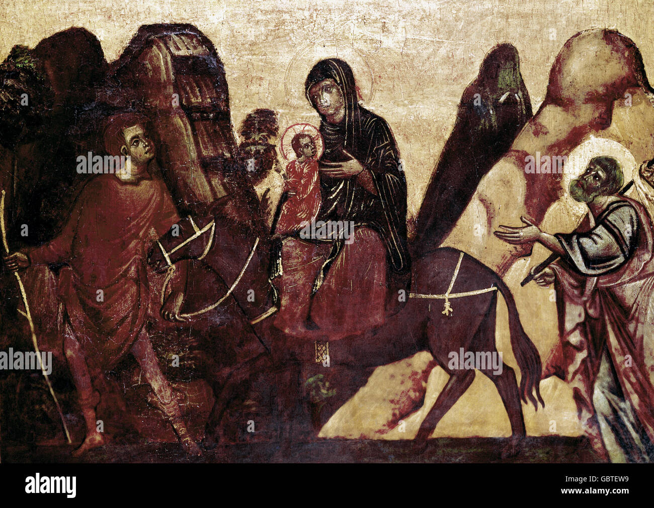 fine arts, religious art, Holy Family, 'Escape to Egypt', painting by Guido da Siena, 2nd half of the 13th century, State Lindenau Museum, Altenburg, Stock Photo