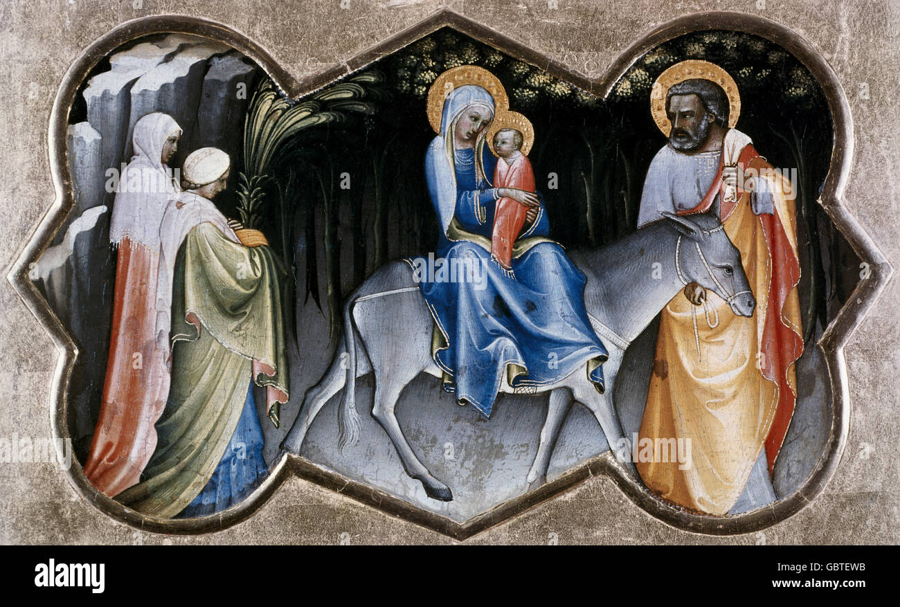 fine arts, religious art, Holy Family, 'Escape to Egypt', painting by Lorenzo Monaco (circa 1370 - um 1425), State Lindenau Museum Altenburg, Stock Photo