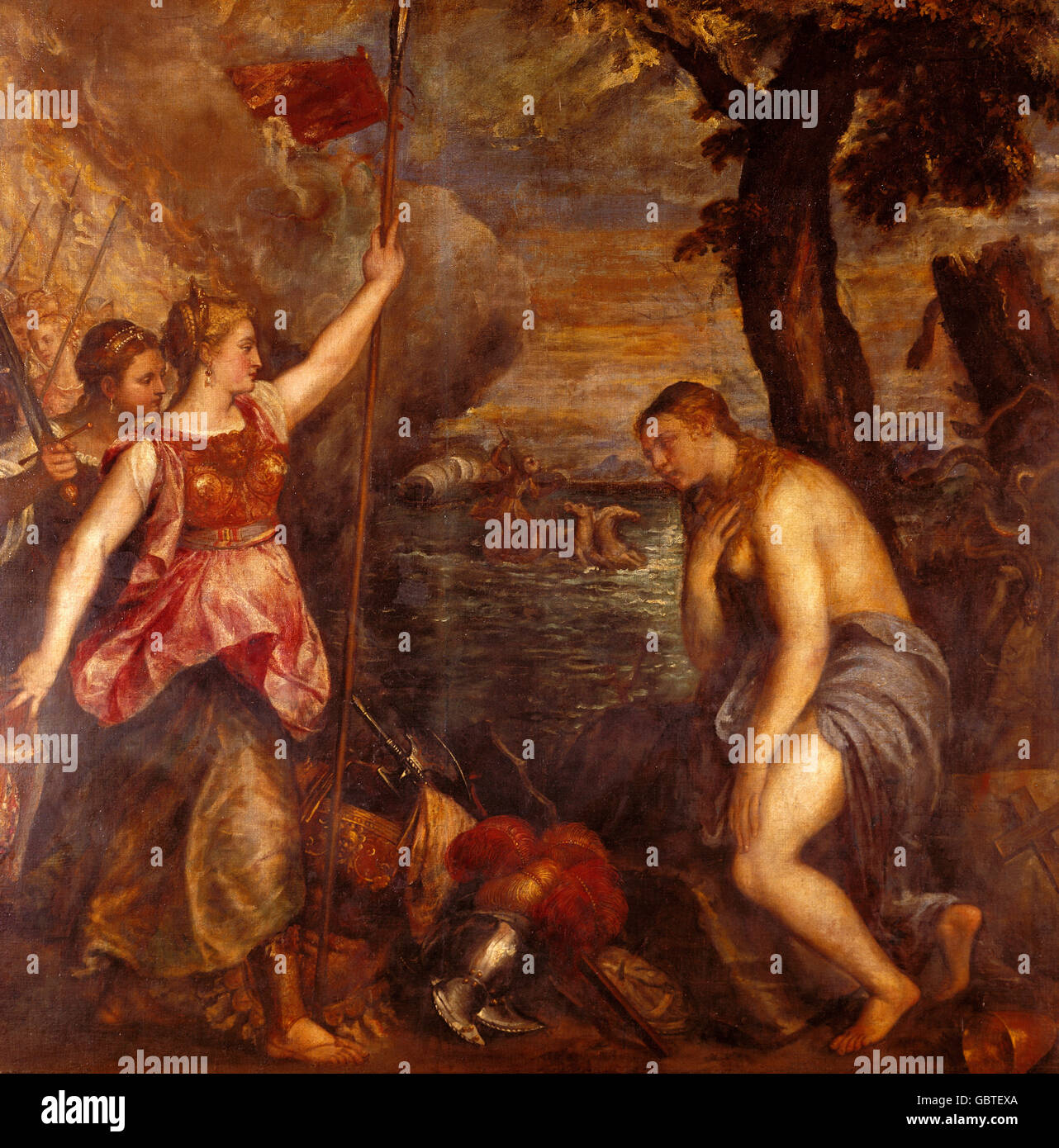 fine arts, Titian (Tiziano Vecellio), painting, 'Spain Succouring Religion', 1566, 168 x 168 cm, Prado, Madrid, Stock Photo