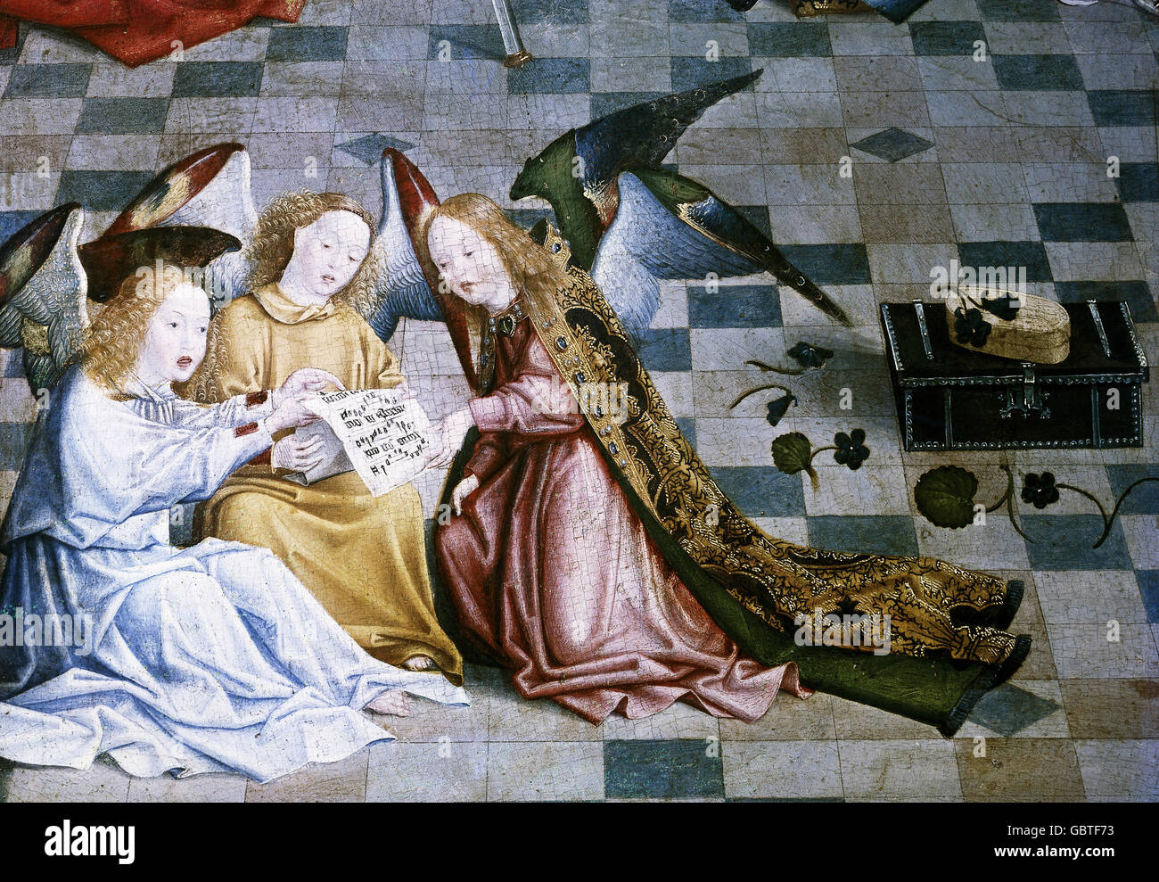 fine arts, religious art, angel, detail of 'Retable des 7 joies de la Vierge', Maitre de la Sainte Parente (circa 1480/80 - 1515) detail, oil on canvas, Louvre, Paris, Stock Photo