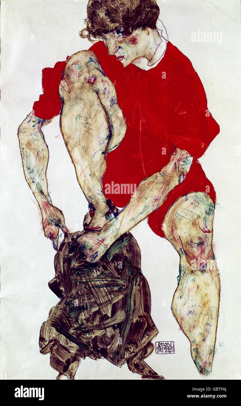 fine arts, Schiele, Egon, (1890 - 1918), painting, 'Frau in rotem Kleid', 1914, mixing technique, Albertina, Vienna, Stock Photo