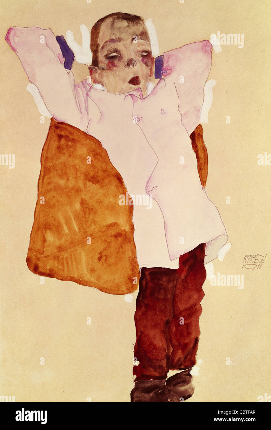 fine arts, Schiele, Egon, (1890 - 1918), painting, 'Müder Kellnerknabe', 1911, mixing technique, pencil, watercolour, private collection, Munich, Germany, Stock Photo