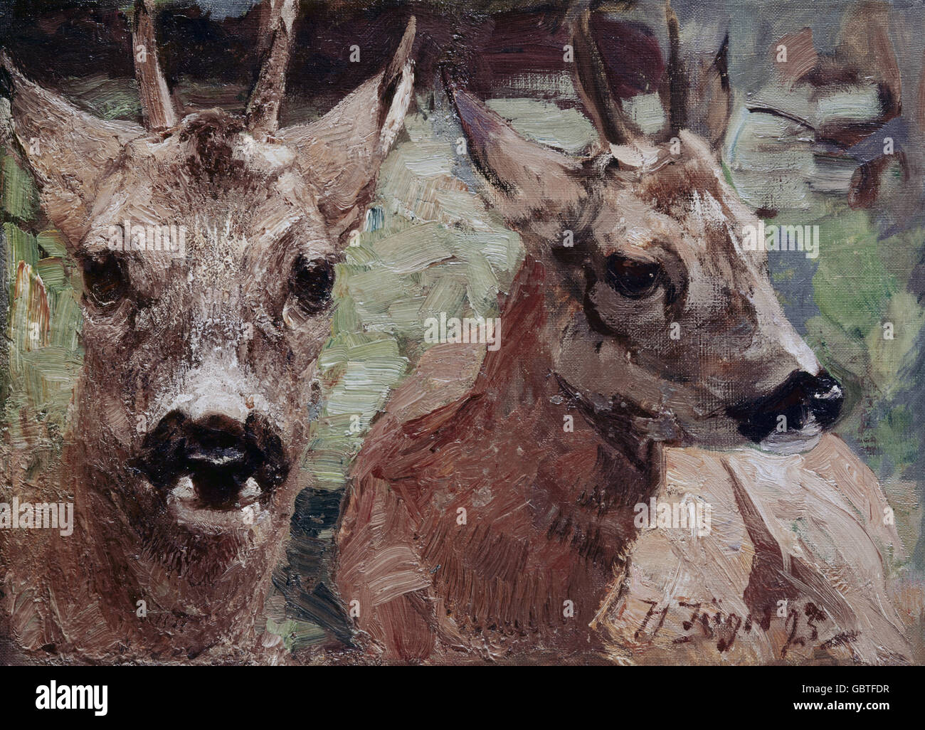 fine arts, Zuegel, Heinrich Johann von (1850 - 1941), painting 'Rehe' (Roe Deer), 1923, private collection, Stock Photo