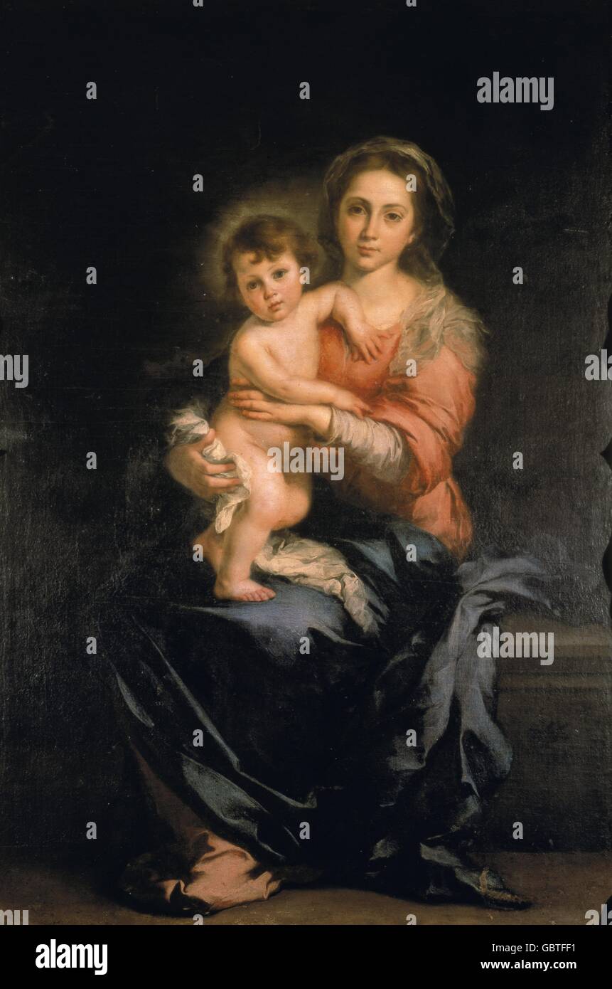 fine arts, Murillo, Bartolome Esteban (1618 - 1682), painting, 'Madonna and Child', oil on canvas, 1650/1660, Galleria Palatina, Palazzo Pitti, Florence, Stock Photo