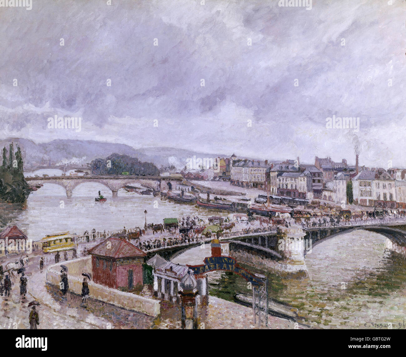 fine arts, Pissarro, Camille (1830 - 1903), painting, "View of the Great Bridge at Rouen", oil on canvas, 1894, Staatliche Kunsthalle, Karlsruhe, Stock Photo