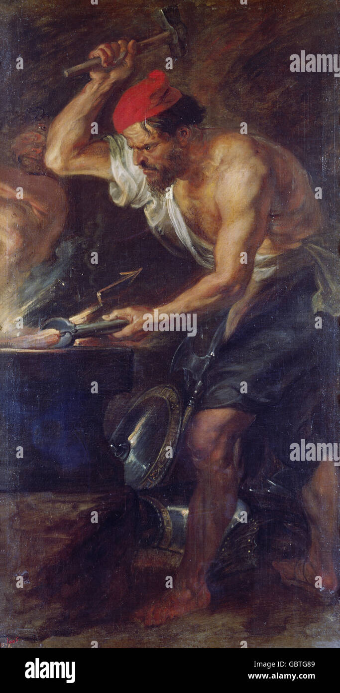 fine arts, Rubens, Peter Paul (1577 - 1640), painting, 'Vulcan is forging Jupiter's weapons', Prado, Madrid, Stock Photo