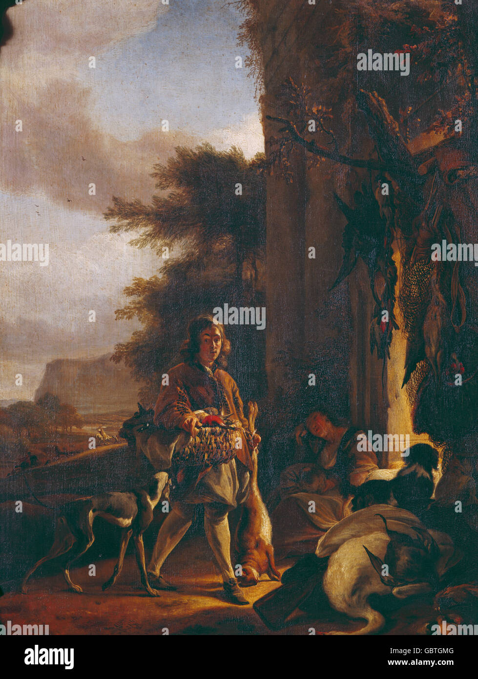 fine arts, Weenix, Jan, The Younger (1640 - 1719), painting 'After the Hunt', 1665, oil on wood panel, 44.7 cm x 34.5 cm, Alte Pinakothek, Munich, Stock Photo