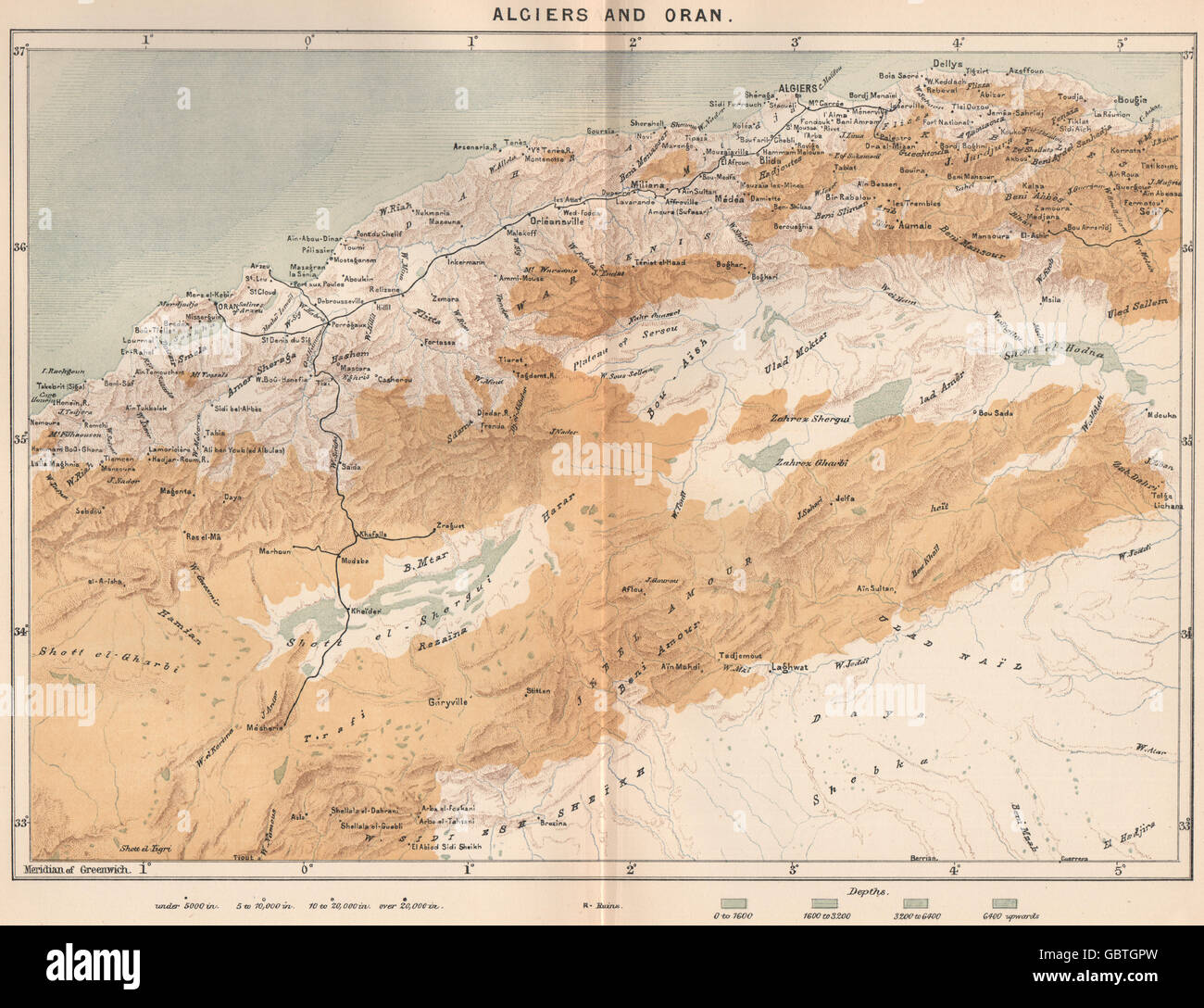 Algiers and Oran. Algeria, 1885 antique map Stock Photo