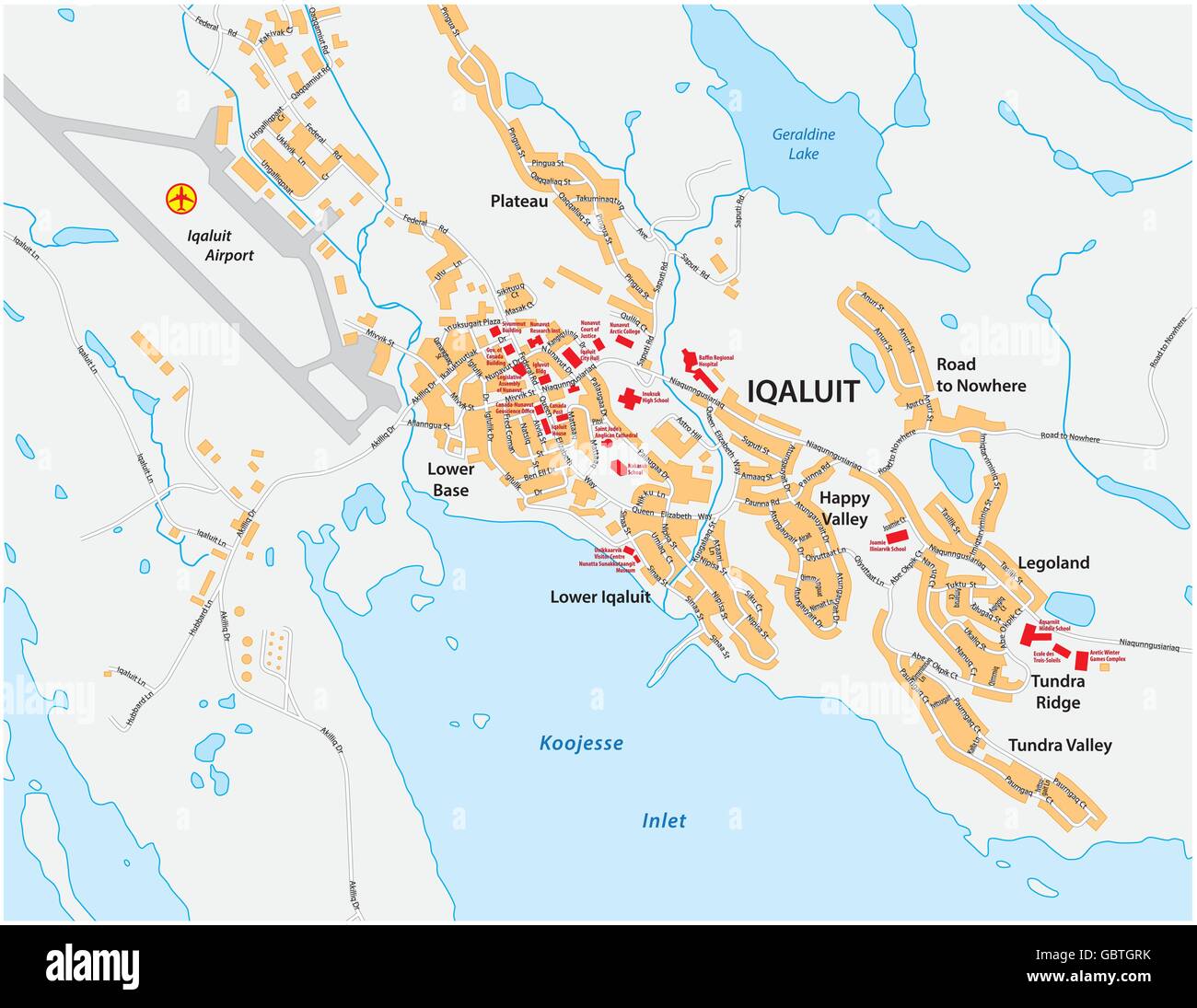 vector street map of Iqaluit, the capital of the Canadian territory Nunavut Stock Vector